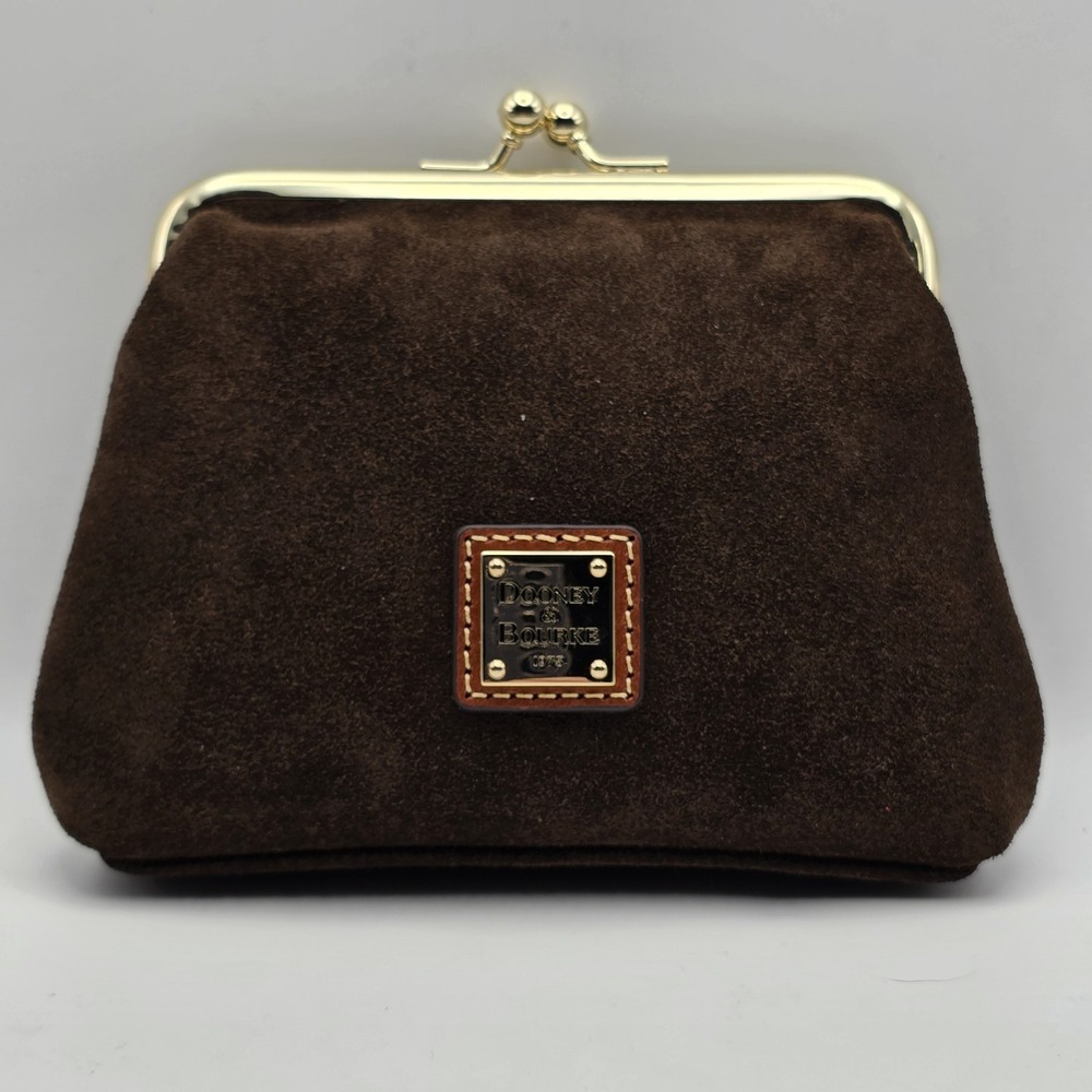 Dooney & Bourke Suede Kiss Lock Clutch Wallet Brown Leather Gold Tone Frame NWOT - Picture 1 of 10